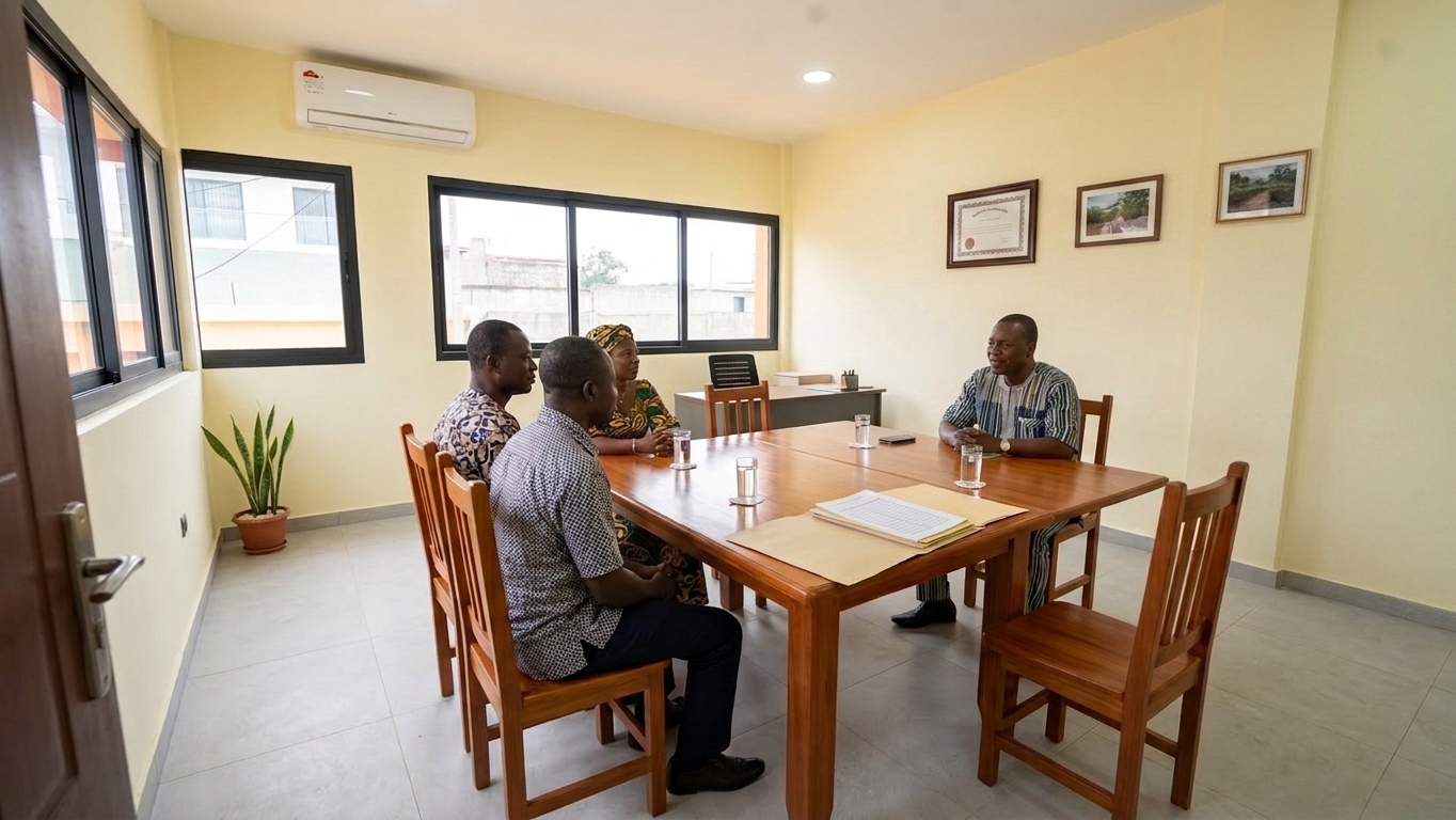 Une famille échange avec un membre de l'équipe pédagogique autour d'une table
