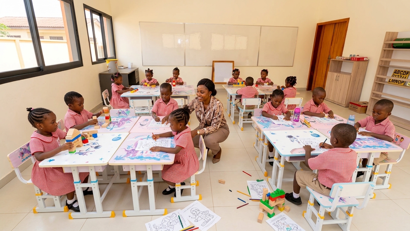 Des enfants de maternelle colorient et manipulent des jeux de construction avec leur enseignante