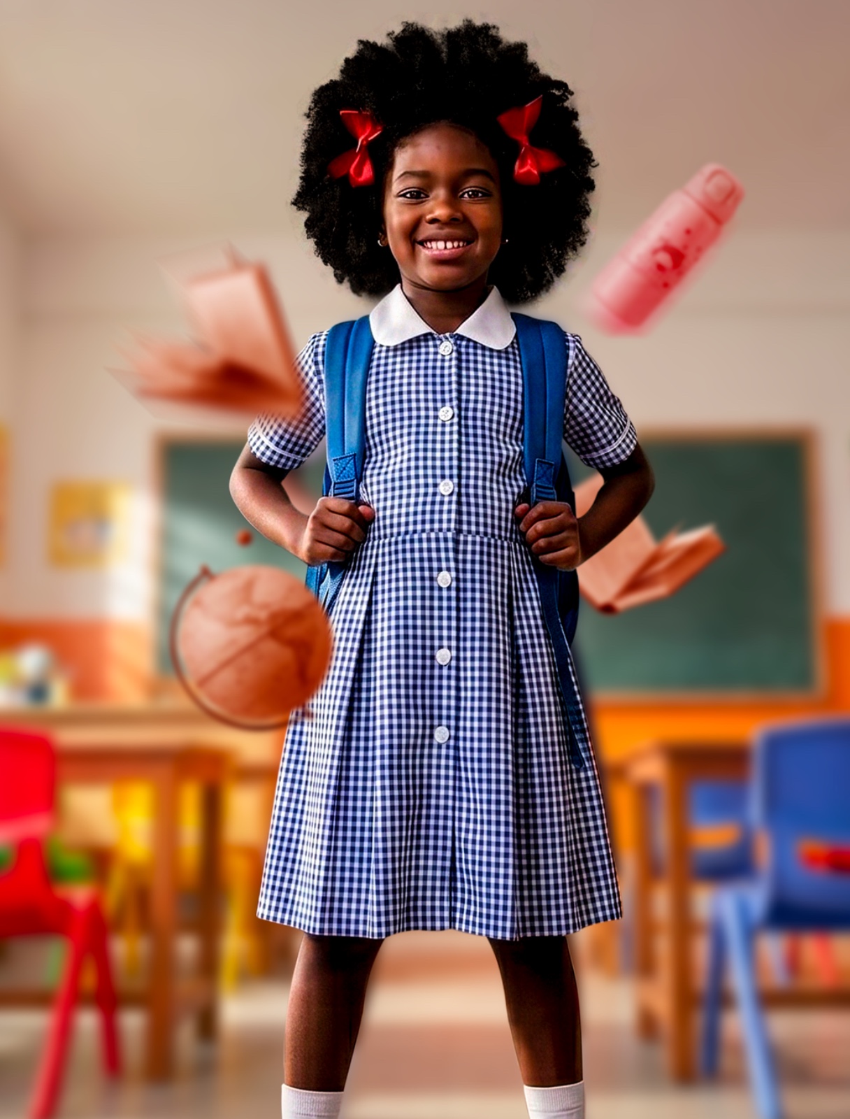 Une élève souriante en uniforme, cartable sur le dos, dans une salle de classe