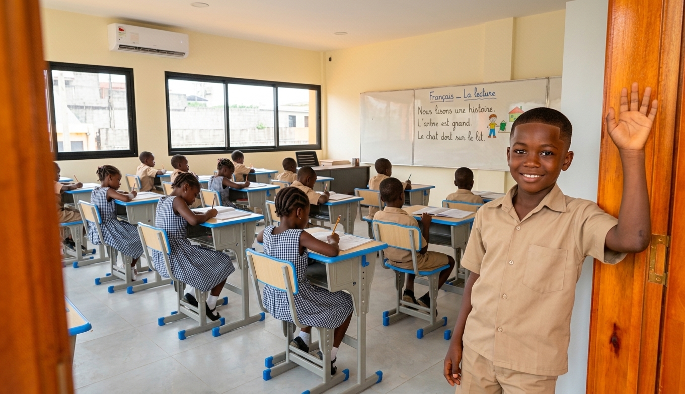 Un élève souriant lève la main pour accueillir les visiteurs à l'entrée de sa classe