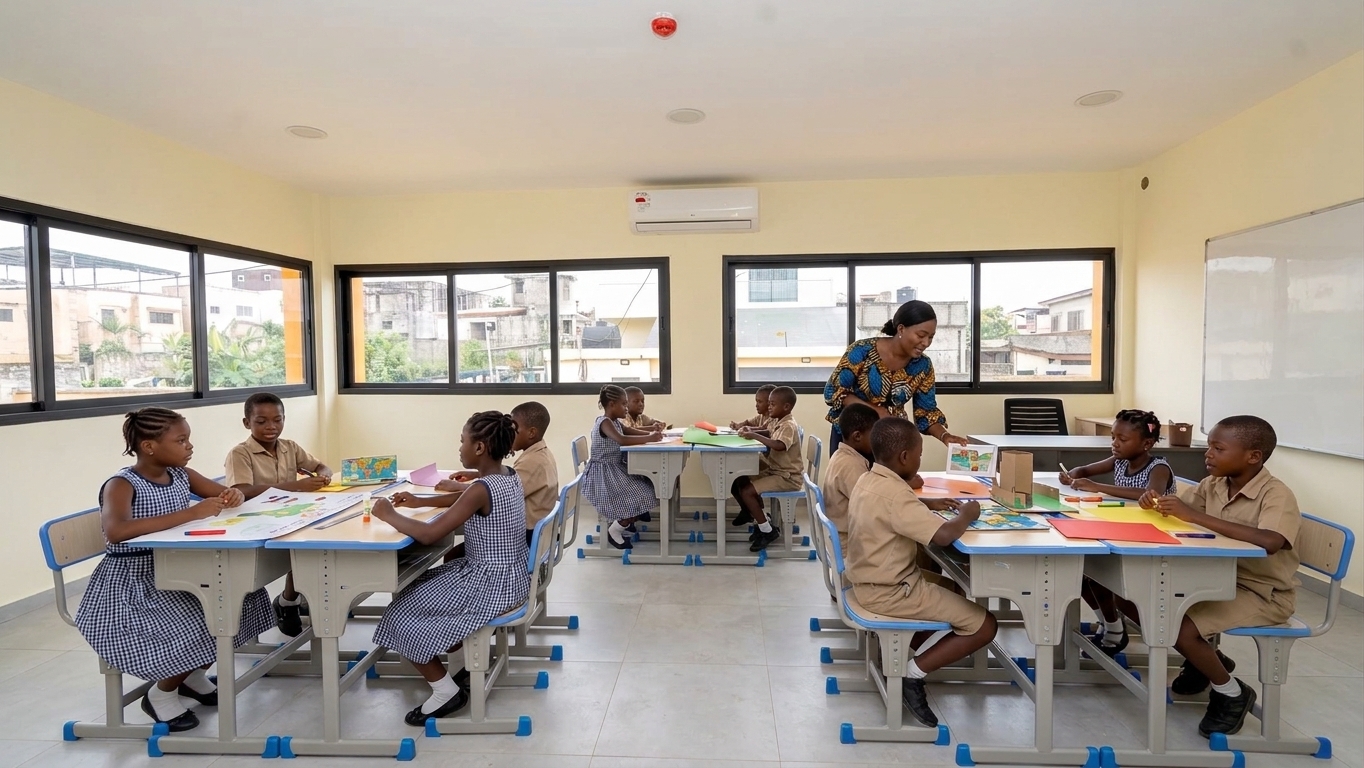 Des élèves travaillent en groupe autour de tables réunies, accompagnés par leur enseignante