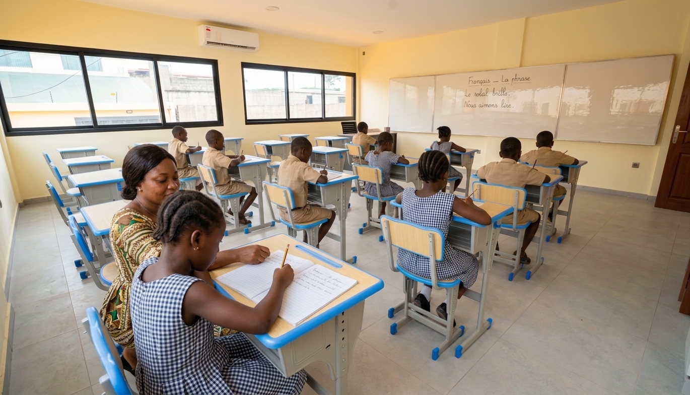 Une enseignante accompagne individuellement un élève penché sur son cahier