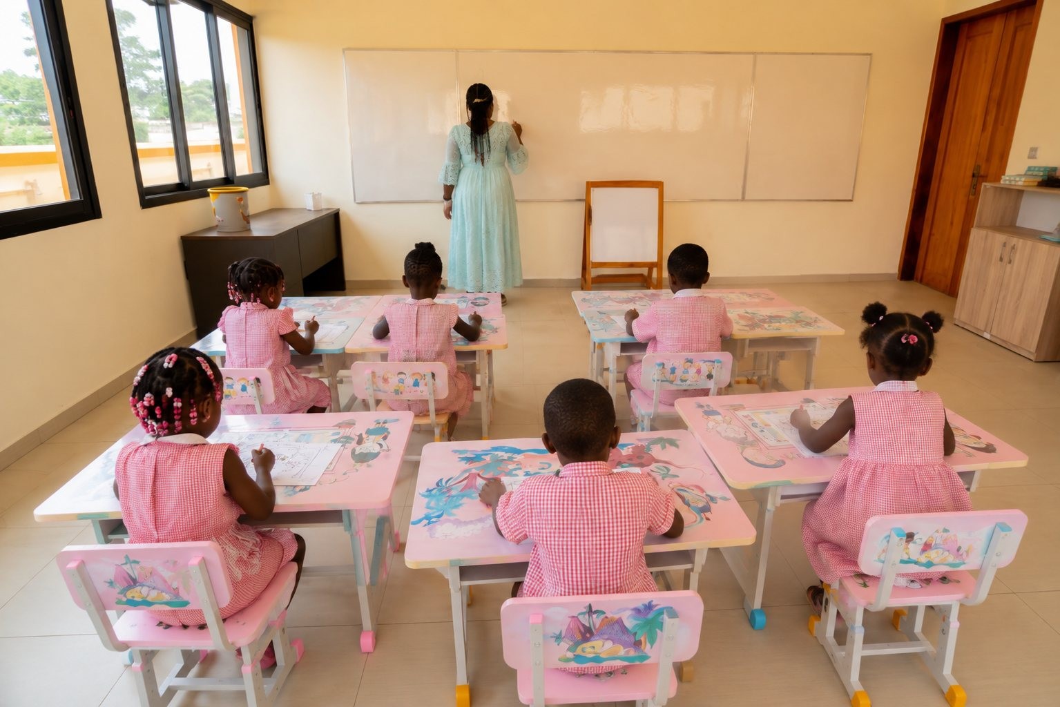 Des élèves colorient à leur pupitre pendant qu'une enseignante anime la leçon au tableau