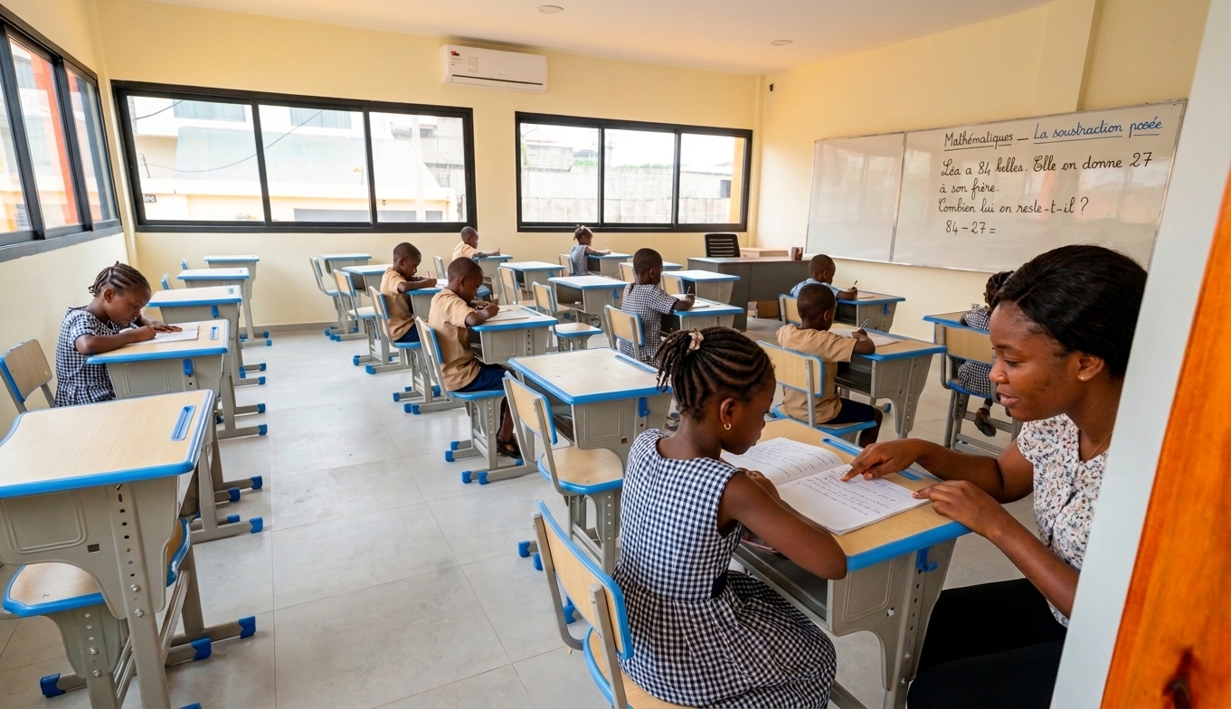 Une enseignante accompagne une élève à son pupitre pendant que le reste de la classe travaille en autonomie