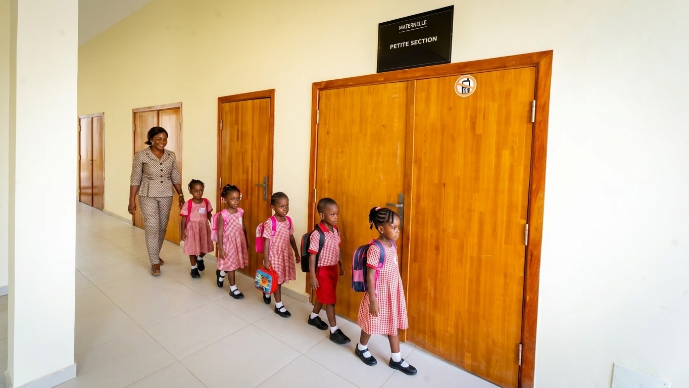 Des enfants de maternelle avancent en file dans le couloir, accompagnés par une enseignante