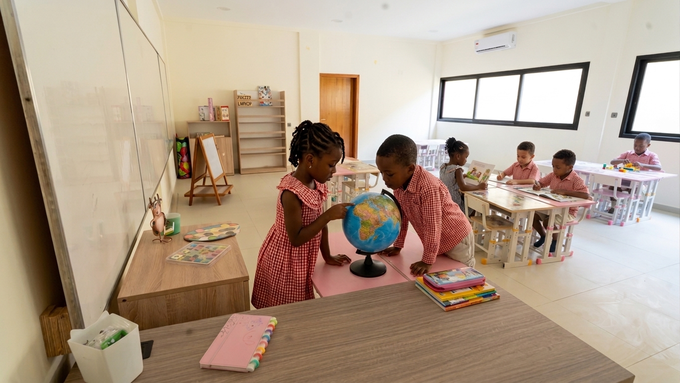 Deux enfants de maternelle observent un globe terrestre, l'un d'eux pointant un continent